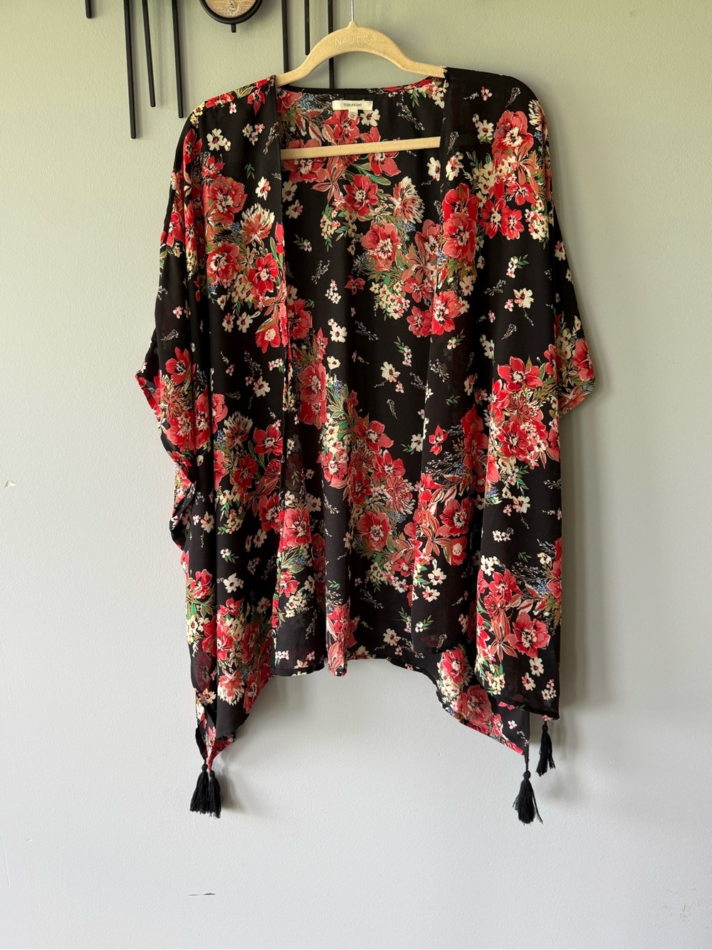 Maurices Black Kimono Top with Coral and Cream Flowers